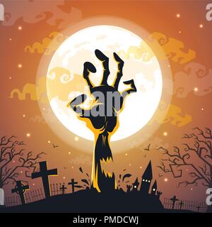 Halloween background with zombie hands on full moon. Stock Vector