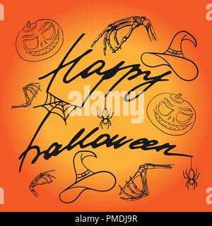 Inscription of Happy Halloween. Cartoon background. Pumpkin, spider, cobweb, witch hat and bones of the hand. Hand drawing. Stock Vector