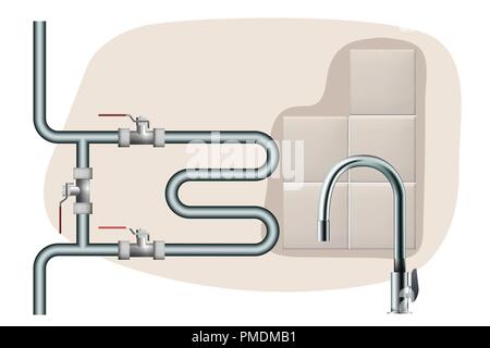 Ceramic tiles in the bathroom. Towel dryer and faucet. Vector illustration. Stock Vector