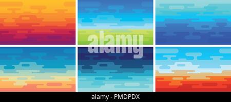 Set of Flat Vector Style Backgrounds in Different Colors and Ambience - Illustrations of Field, Ocean, Night and Sunset Stock Vector