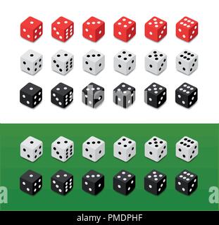 Set of vector Dice on different backgrounds. Red, White and Black dice with numbers from one to six. Stock Vector