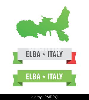 Set of Ribbons with Elba, Italy caption and Map of Elba Island in Italy. Vector design elements isolated on white. Stock Vector