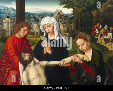 Pietà at the Foot of the Cross. Date/Period: Ca. -1530. Painting. Oil on oak panel. Height: 680 mm (26.77 in); Width: 882 mm (34.72 in). Author: AMBROSIUS BENSON. BENSON, AMBROSIUS. Stock Photo