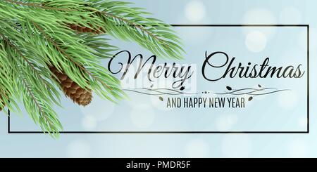 Merry Christmas banner. Christmas tree with cones. Glares bokeh. Vector illustration. Black frame with text. Winter background for your projects. EPS  Stock Vector