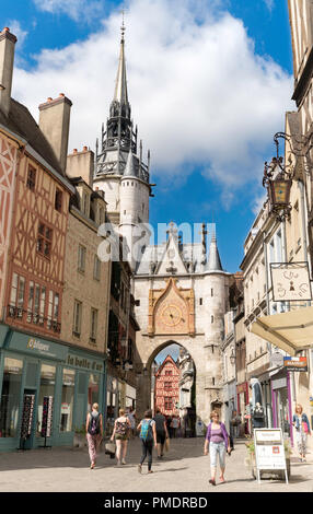 People walking, Clock Tower, in Auxerre, Burgundy, France, Europe Stock Photo