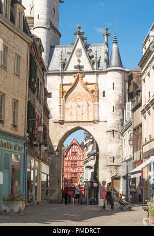 People walking, Clock Tower, in Auxerre, Burgundy, France, Europe Stock Photo