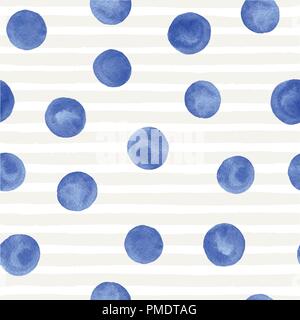 Vector hand painted blue circles seamless pattern on the white background with gray stripes. Textures for your design. Stock Vector