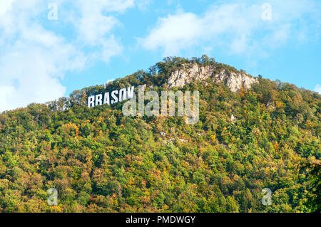 Brasov city lettering on the top of the Tampa hill, Transylvania, Romania. Stock Photo