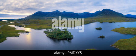 Aerial panorama of the Pine Trees Island in the Derryclare Lake, Galway county, Ireland Stock Photo