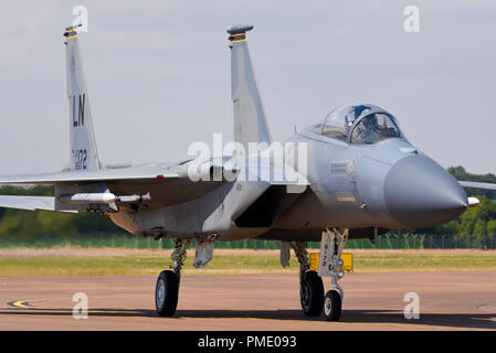 McDonnell Douglas F-15C Eagle jet fighter plane taxiing in at the Royal International Air Tattoo, RIAT, RAF Fairford. USAF Lakenheath based aircraft Stock Photo