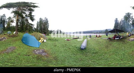 360 degree panoramic view of Preparing a catamarans to navigate a Biya river