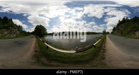 360 degree panoramic view of Road along Biya river near Kebezen. Altay Mountains