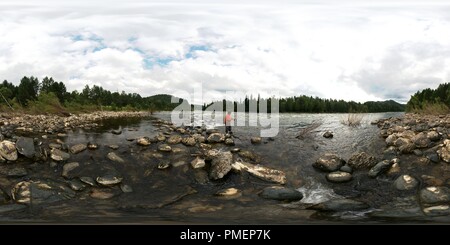 360 degree panoramic view of Fishing at Biya river. Altay mountains