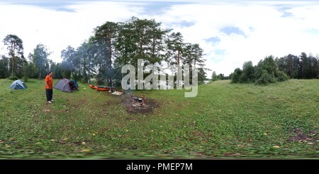 360 degree panoramic view of Camp of the water tourists. Biya river. Altay mountains