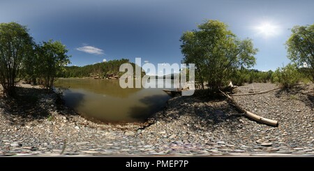 360 degree panoramic view of Rock on the bend of the river Biya. Altay mountains