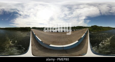 360 degree panoramic view of Cows on the bridge across Biya river. Altay mountains