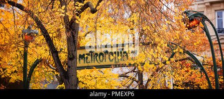 Paris Art nouveau Metropolitain sign in autumn, panorama Stock Photo