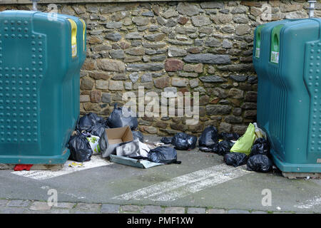 Garbage bags thrown at the bottom of containers for recycling waste, Mayenne city, Pays de la Loire, France Stock Photo