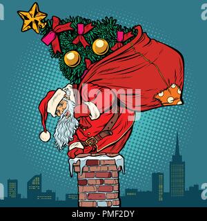 Santa Claus with a Christmas tree in a bag climbs the chimney Stock Vector