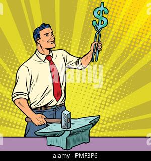 Businessman blacksmith forges money on the anvil Stock Vector