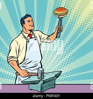 Cook blacksmith forges a Burger on the anvil Stock Vector