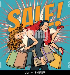 man carries woman in his arms, sale Stock Vector