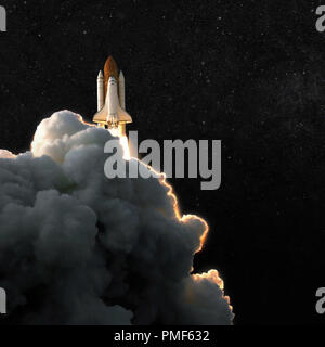 Spaceship rocket and starry sky. spacecraft flies into space with clouds of smoke Stock Photo