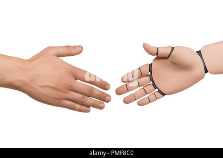 Humanity and the robot with artificial intelligence. Arms. Man shaking hands with android on white background. Isolated Stock Photo