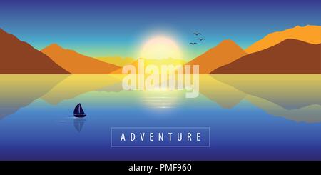 adventure autumn landscape background with lonely sailboat on a calm sea and mountain view at colorful sunset vector illustration EPS10 Stock Vector