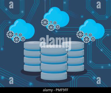 data servers and clouds with gear wheels over blue background, colorful design. vector illustration Stock Vector