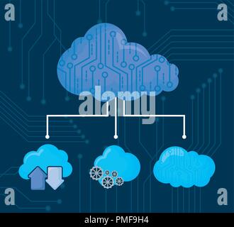 cloud computing design with cloud storages and arrow and gear wheels ...