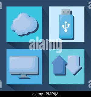 cloud computing icon set over colorful squares and blue background, vector illustration Stock Vector