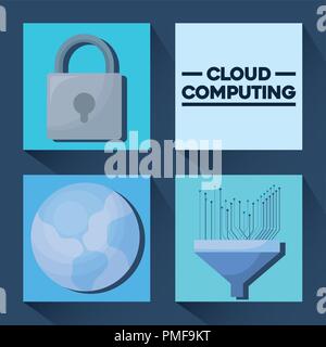 cloud computing icon set over colorful squares and blue background, vector illustration Stock Vector