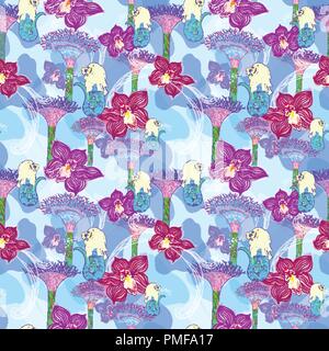 Seamless Print with orchid flower, merlion and Gardens by the Bay on indigo blue background Stock Vector