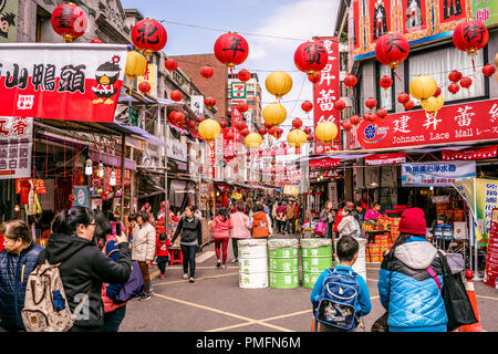 15 February 2018, Taipei Taiwan: Old Dihua jie shopping street view full of people in Taipei Taiwan Stock Photo