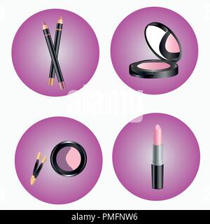 Different cosmetics in round icons. Shadows, powder, pencil, lipstick Stock Vector