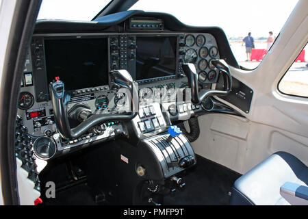 Tecnam P2006T light aircraft cockpit interior with modern display screens in the instrument panel Stock Photo