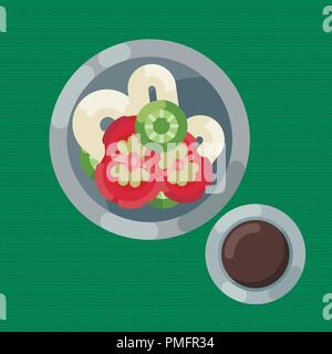 A hearty breakfast of noodle and fresh vegetables, cup of coffee. Vector illustration. Eating on a plate is a top view. Served breakfast. Stock Vector