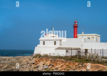View with Cabo Raso lighthouse and fort of Saint Bras  near Guincho beach in Cascais area, Portugal. Stock Photo