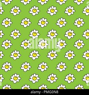 floral green meadow seamless chamomile drawing. vector illustration. White daisies pattern on a bright background. Stock Vector