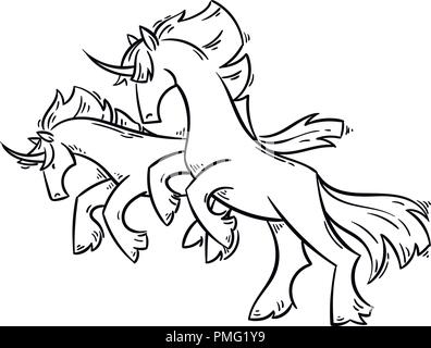 Abstract cartoon unicorns standing on two legs and gallop. Vector clip art illustration for prints, design, coloring books and pages, cards. Stock Vector