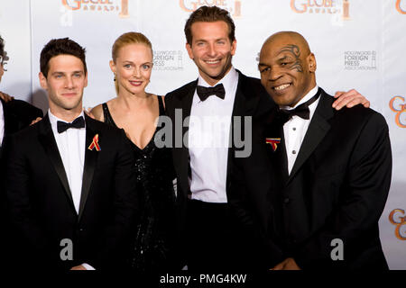 After receiving The Golden Globe for BEST MOTION PICTURE, COMEDY OR MUSICAL for The Hangover, produced by Warner Bros. Pictures; Warner Bros. Pictures, Justin Bartha, Heather Graham, Bradley Cooper, and Mike Tyson pose backstage in the press room at the 67th Annual Golden Globe Awards at the Beverly Hilton in Beverly Hills, CA Sunday, January 17, 2010. Stock Photo