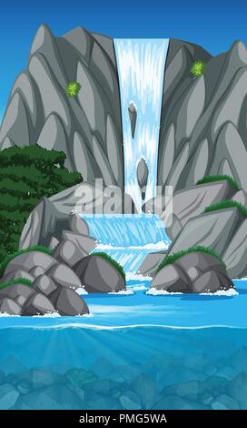beautiful waterfall landscape scene illustration Stock Vector Image ...