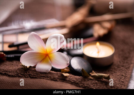 spa setting wirh make up on towel Stock Photo