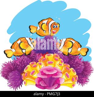 Crown fish playing in coral reef illustration Stock Vector