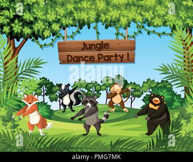 Wild animals dancing in the jungle illustration Stock Vector
