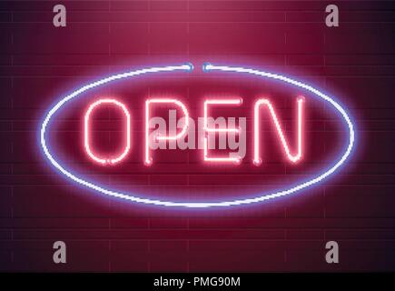 Bar open light Neon Sign. Night store red glowing letters . Open 24 hours sign Stock Vector