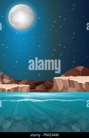 Beautiful night water scene illustration Stock Vector