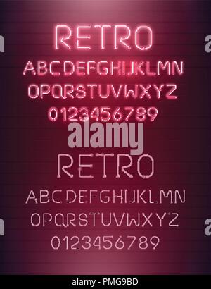 Light neon font letter set. Bar sign vector type. Glowing casino and cinema red text alphabet on brick wall background. Retro background. Stock Vector