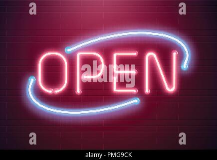 Bar open light Neon Sign. Night store red glowing letters . Open 24 hours sign Stock Vector